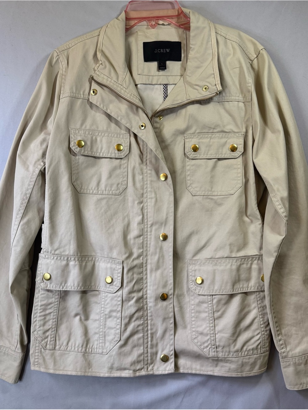 J. Crew Womenโs Cream Waxed Cotton Jacket with Gold-Tone Snaps and Full Zip, L